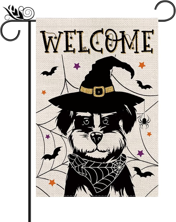 Halloween Garden Flag Schnauzer Cobweb Bats Double Sided Vertical Welcome Flag Holiday Outdoor Yard Lawn Decorations 12.5 x 18 Inch