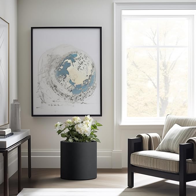 Kante 15.7" Dia Round Concrete Planter, Modern Style Large Cylindrical Plant Pot with Drainage Hole and Rubber Plug for Indoor Outdoor Patio, Burnished Black