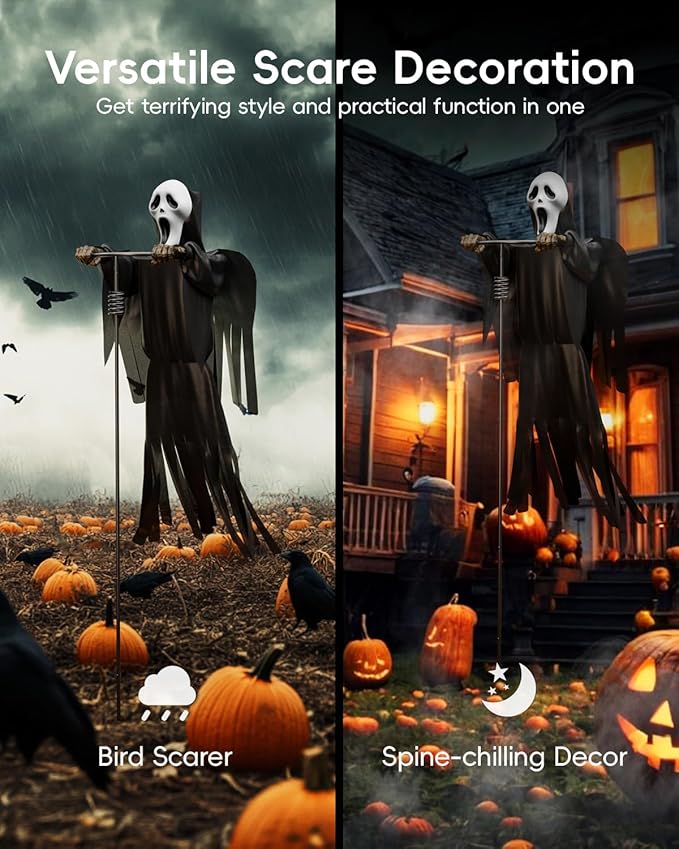 COOLWUFAN Halloween Flying Scarecrow Ghost with Metal Pole, Large Scary Spooky Scarecrows Ghosts, Creepy Grim Animated Halloween Decorations for Outdoor Yard Porch Lawn Garden, Party (1 Pack)