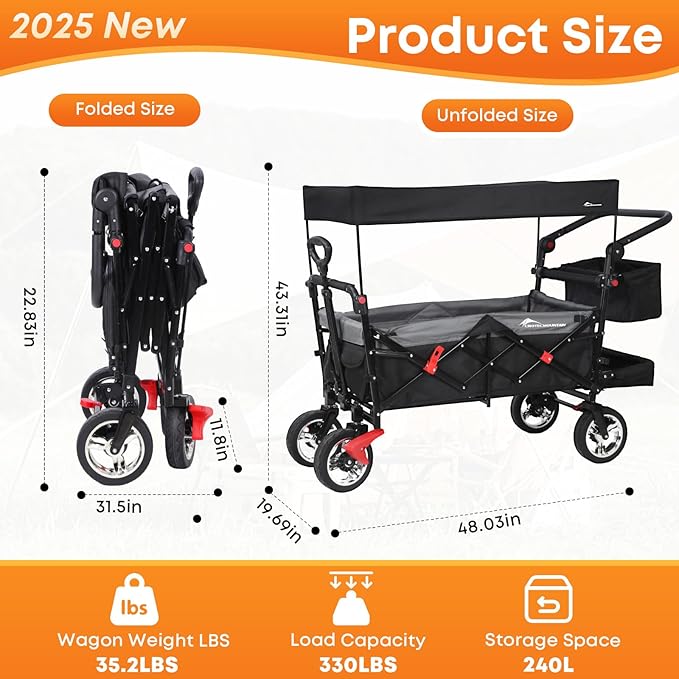 Wagon Cart with Removable Canopy,Collapsible Foldable Wagon, Heavy Duty Utility Outdoor Foldable Garden Cart with Wheels, Adjustable Handle, Outdoor Utility Wagon, Black
