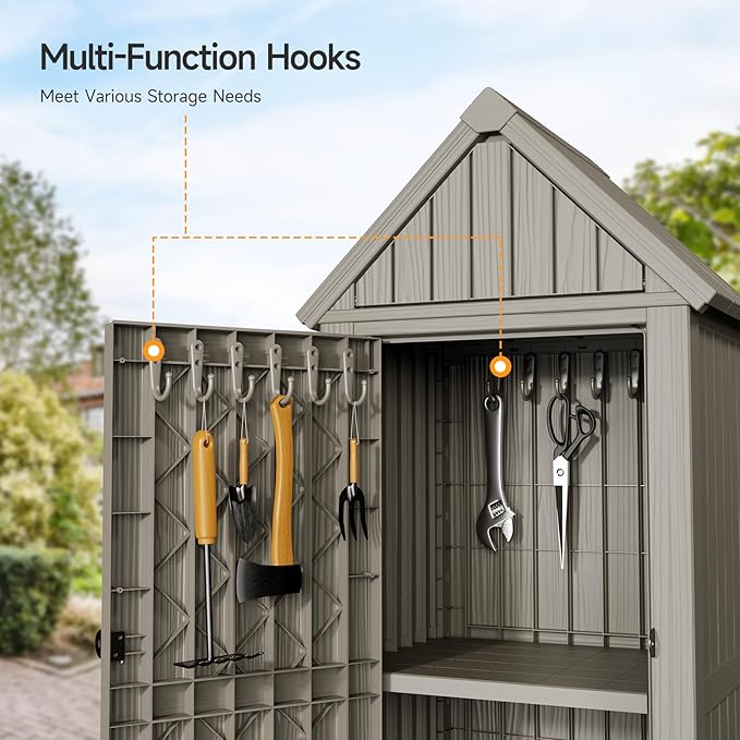 Multifunctional Storage Shed, Outdoor Storage Cabinet with Hooks and Lock Ring, Waterproof Outdoor Storage Shed for All Weather, Tool Outdoor Shed for Patio Lawn and Garden