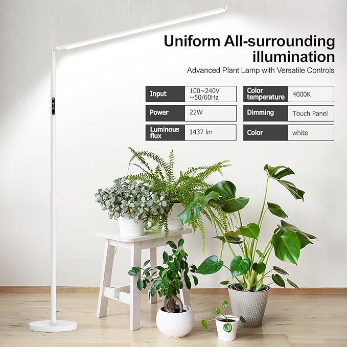 STERREN Grow Lights Stand for Indoor Plants, Full Spectrum Plant Floor Lamp for Indoor Growing, 22W LED Plant Light with 4/8/12H Timer, 47’’ Modern White Standing Grow Light for All Stages,1437lm