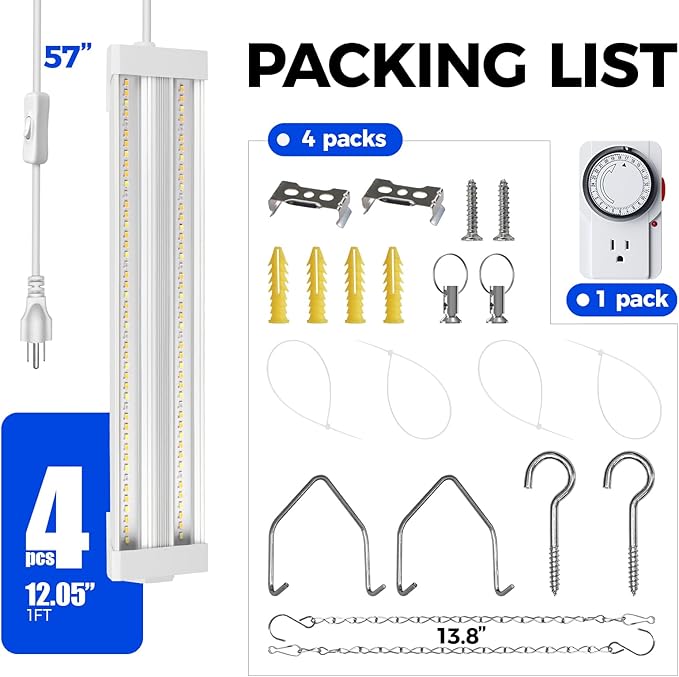Barrina TX18 1FT Grow Light, 72W(4 x 18W, 360W Equivalent), High PPFD, Full Spectrum with 660nm Red LEDs, Grow Light Strip for Indoor Plants with On/Off Switch, Mechanical Timer, Linkable, 4 Packs