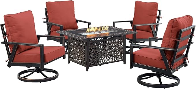 Oakland Living Black Aluminum Patio Fire Table Set with Four Club Chairs with Red Cushions