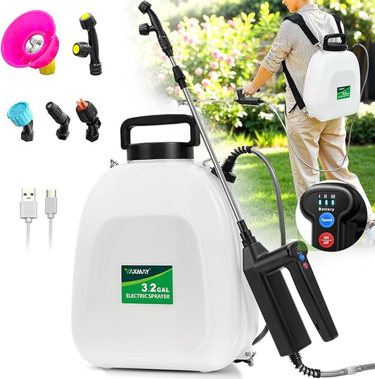 Battery Powered Sprayer 3.2 Gallon, VAXMAY Backpack Sprayer with 3 Adjustable Speeds, Battery Indicator, 5 Mist Nozzles, 41" Retractable Wand, USB Rechargeable Weed Sprayer for Lawn Garden Yard