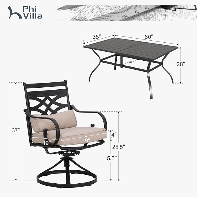 PHI VILLA 7 Pcs Patio Dining Set,Outdoor Table Chair Set for 6 with Outdoor Swivel Chairs and Metal Frame Steel Rectangular Table,Outdoor Dining Furniture with Cushion and Pillow for Garden Lawn Deck