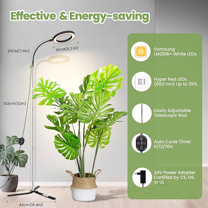 24V Plant Lights for Indoor Growing, LM281B+660nm Grow Lights for Seed Starting, 6.3" LED Grow Lights for seedlings,3 in 1(Floor, Desktop, Inserted into The Soil), 18W 290umol/s/m²@Dist:6in