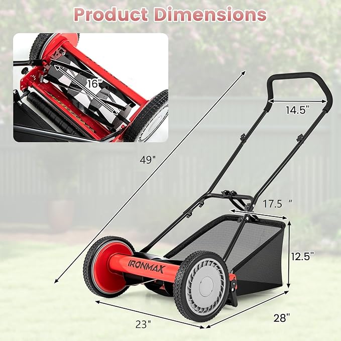Goplus Manual Lawn Mower, 16 Inch 5-Blade Walk-Behind Cordless Grass Cutter with 7 Gallon Removable Grass Collect Bag, Adjustable Cutting Heights, Push Reel Lawn Mower for Yard, Garden