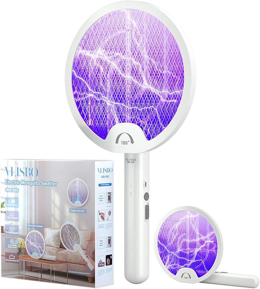 Bug Zapper, 4000V Electric Mosquito Swatter with 180-Degree Rotatable Head, VLISBO Rechargeable 1200mAh Battery, Portable Insect Killer for Home, Camping & Outdoor, Safe & Eco-Friendly, White