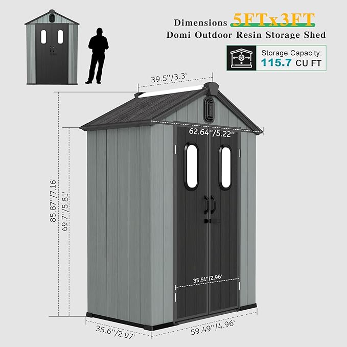 Domi 5x3FT Resin Outdoor Storage Shed with Lockable Door, Waterproof Outside Sheds with Windows & Vents, Heavy-Duty Plastic Tool Storage Shed for Patio Furniture, Lawn Mower, Bike