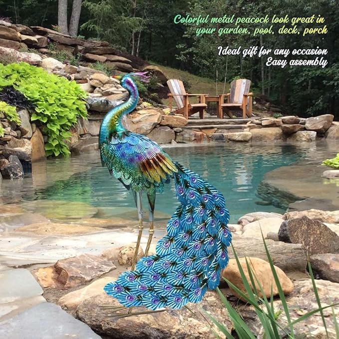 Haven Treasures Luxury 30.5 inches Outdoor Metallic Peacock Statute for Your Garden Decoration, Outdoor Yard Decor Sculpture, Home Décor