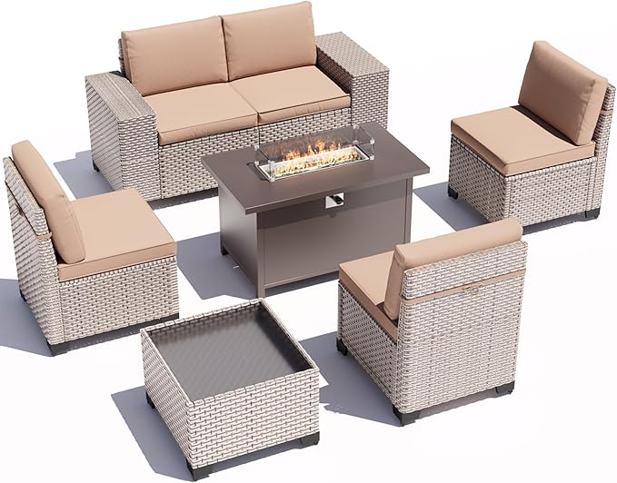 7 Pieces Patio Furniture Set with Propane Fire Pit Table, Outdoor Sectional Wicker Sofa with Cushions and Coffee Table, High Back Rattan Patio Conversation Sets, Khaki