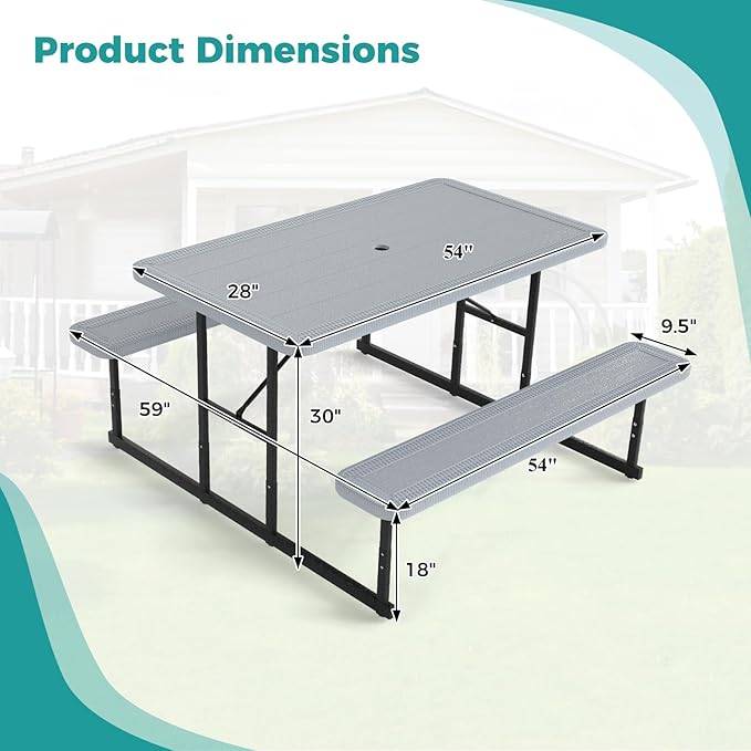 Giantex Picnic Table Bench Set for 4 People, 4.5FT Outdoor Rectangular Dining Table & 2 Benches w/Umbrella Hole, HDPE Tabletop, Metal Frame, Patio Garden Backyard Poolside (4.5FT,Non-Foldable,Gray)