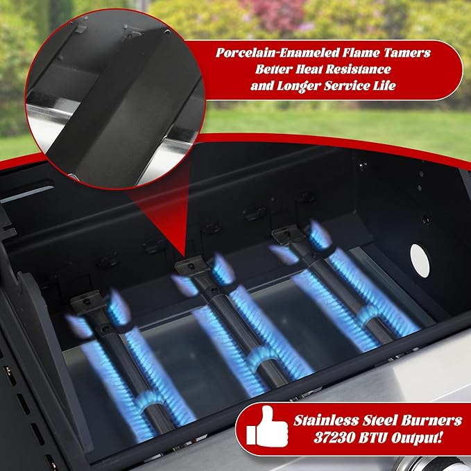 3-Burner Propane Gas Grill with Side Burner, 37,000 BTU Outdoor BBQ Grill with Porcelain-Enameled Cast Iron Grates, Thermometer, Double Layer Lid Stainless Steel Grill for Outdoor Cooking, Patio BBQ