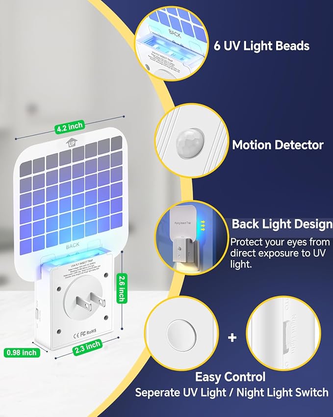 Fly Trap Indoor- 2 in 1 Plug in Fly Trap with Auto Night Light, Fruit Fly Traps for Indoors, Gnat Trap, Bug Light Trap for Mosquitoes, Flies, Fruit Flies, Moths (1 Device + 5 Glue Cards)