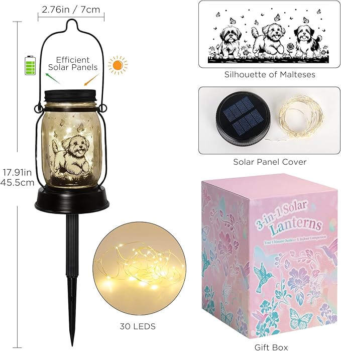 kyoryuger Maltese Dog Gifts for Women/Men Maltese Solar Lanterns Birthday Dog Lovers Lantern Pet Loss Dog Memorial Lights Solar Garden Decoration for Yard, Patio,Backyard,Porch Torches Light