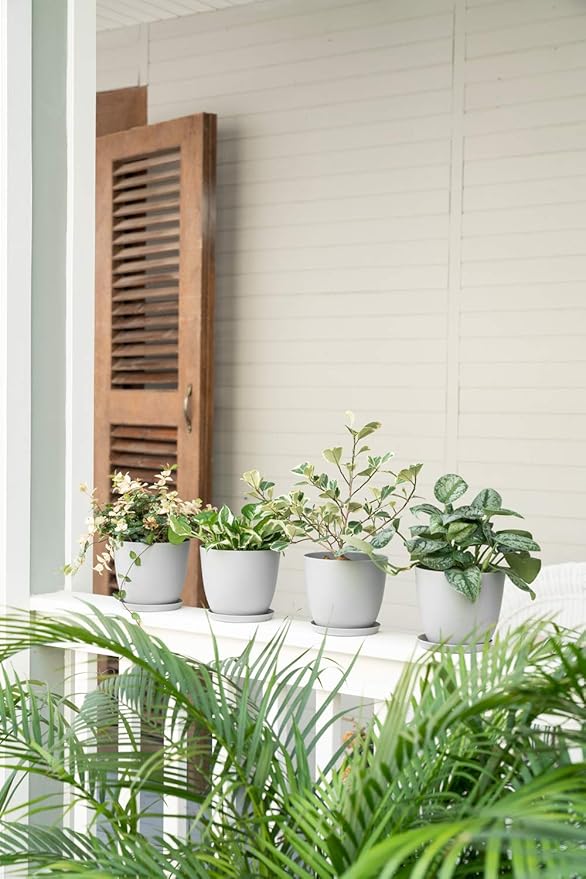 Mkono 6.5" Plastic Plant Pots for Plants with Saucers, Indoor Set of 5 Plastic Planters Modern Flower Pot with Drainage Hole for All House Plants, Herbs, Flowers, and Seeding Nursery, Gray