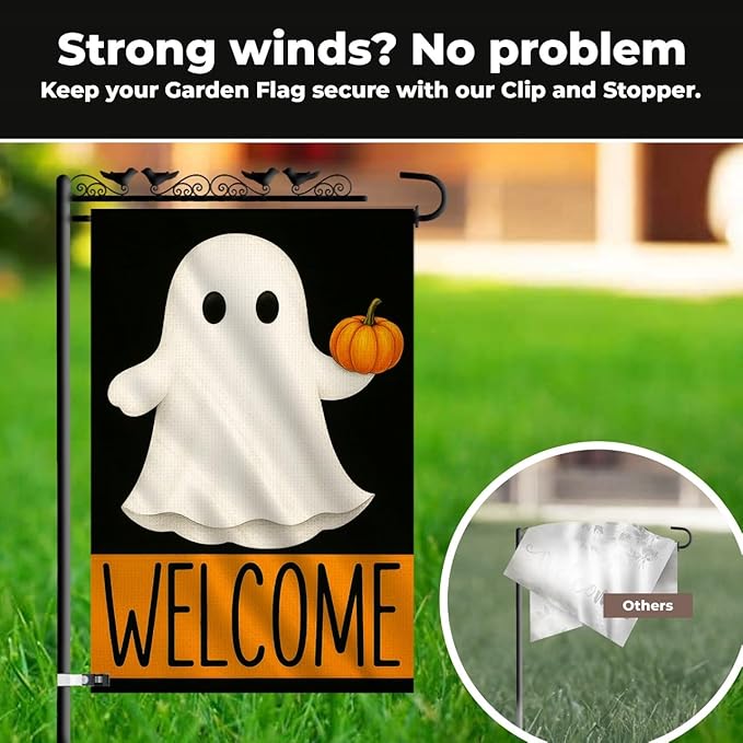 Welcome Halloween Garden Flag 12x18 – Double Sided Burlap Yard Flag for Outside with Ghost & Pumpkin – Weatherproof Fall Outdoor Decor