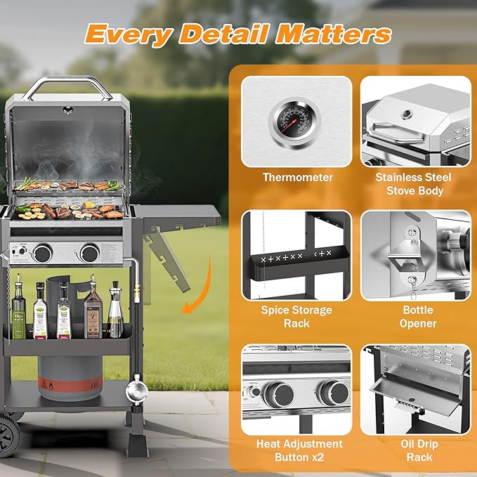 2 Burner Gas Grills Propane, 16,000 BTU Stainless Steel Compact Gas Barbecue Grill with Foldable Shelves, Small Propane Grills Outdoor Cooking for Patios Backyard Camping, 255 SQ.IN Cook Area