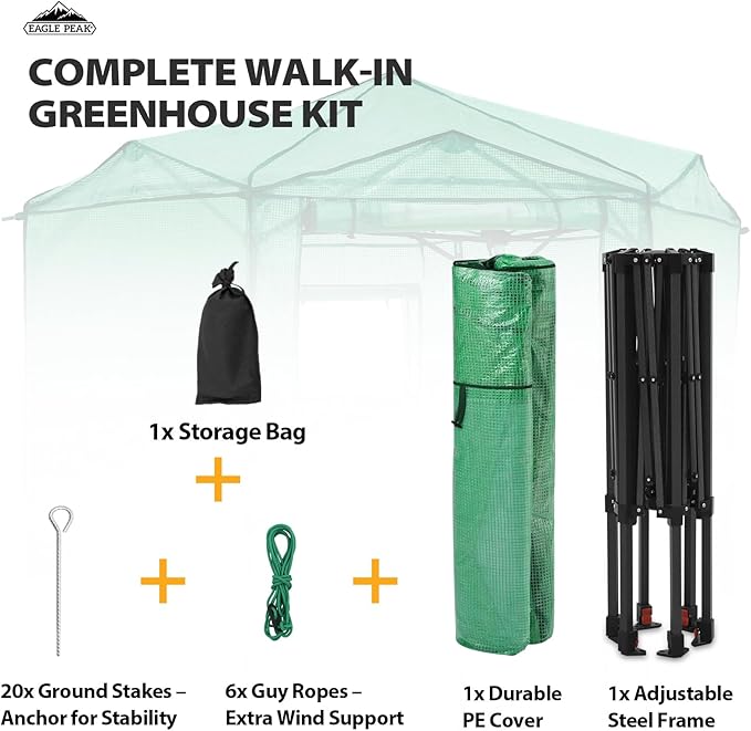 EAGLE PEAK 6.6x6.6 ft Hexagon Pop up Greenhouse, Portable Walk-in Grow Tent for Seed Starting, Garden Plants, Indoor Outdoor Green House, All-Weather Plant Shelter, PE Cover, Green/Clear