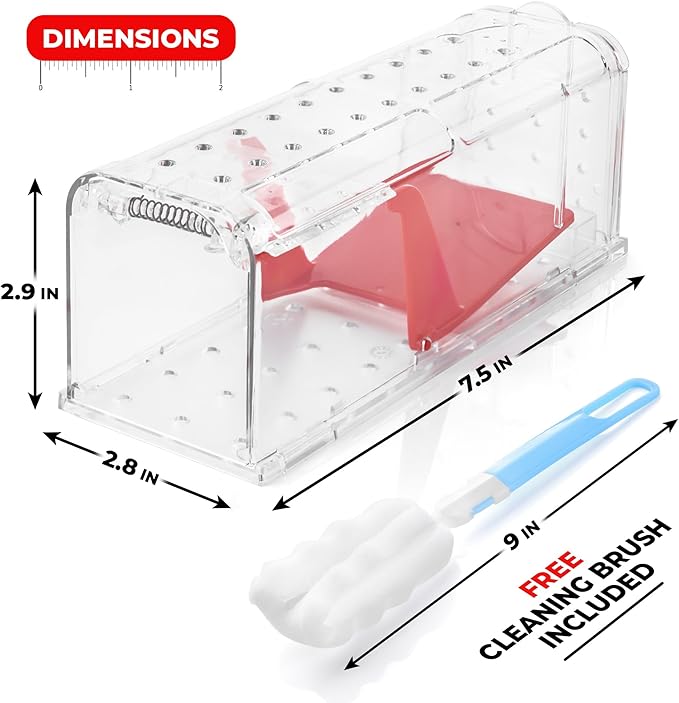 Humane Mouse Trap Pack of 4 - No Kill - Live Mouse Traps Indoor for Home Use - Reusable Rodent Traps for House Indoor, Safe & Effective Rat Trap Outdoor - Humane Mice Control with Cleaning Brush