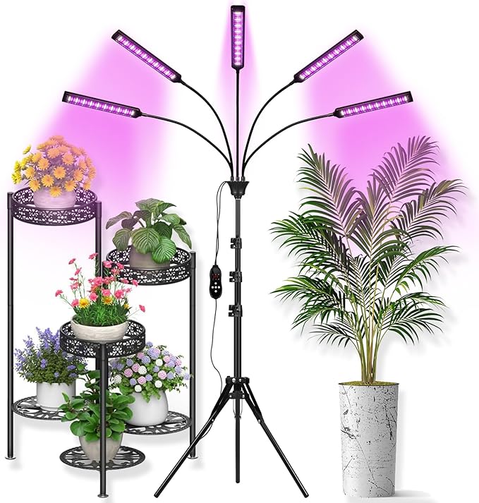 Grow Lights for Indoor Plants 5 Heads, Full Spectrum Plant Lights for Indoor Growing with Tripod Stand, Auto On/Off Timing 1-19H, LED Grow Lights for Indoor Plants. (5 Wide Heads)