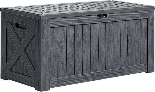 Greesum 120 Gallon Deck Box, Resin Outdoor Storage Container for Patio Furniture, Garden Tools, Pool Accessories, Weatherproof, Lockable, Gray