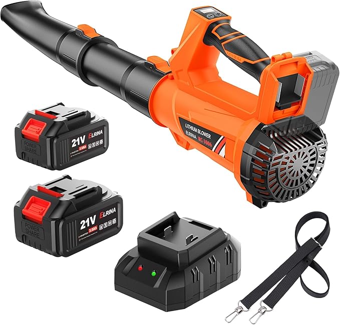 ELRINA Leaf Blower Cordless with 2 x 3.0Ah Batteries and Charger, 6-Speed Mode Lightweight Electric Blowers for Lawn Care, Yard Cleaning, Blowing Leaves, Dust, Snow Green, with Shoulder Straps