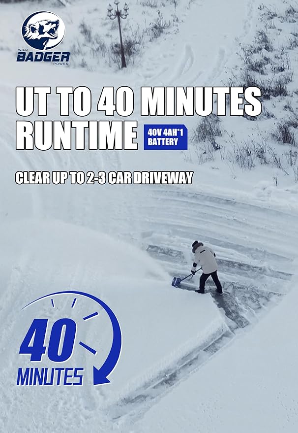 WILD BADGER POWER Electric Snow Shovel 40V 15" Cordless Brushless with 4.0Ah Battery and Charger for Wet Snow and Heavy Snow