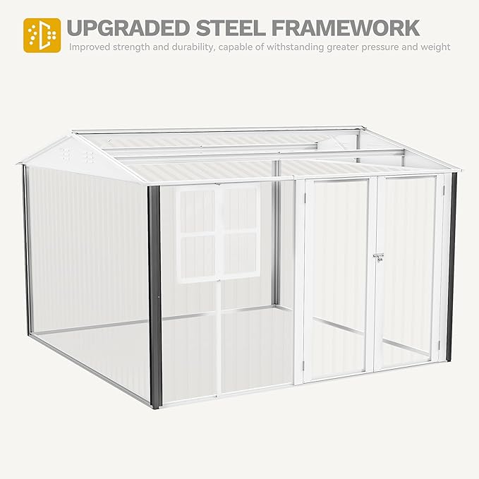 DWVO 10x10ft Metal Outdoor Storage Shed with Window, Lockable Tool Storage Sheds, Oversized Steel Garden Sheds with Sloped Roof for Backyard, Patio, Garage, Lawn, Gray & White
