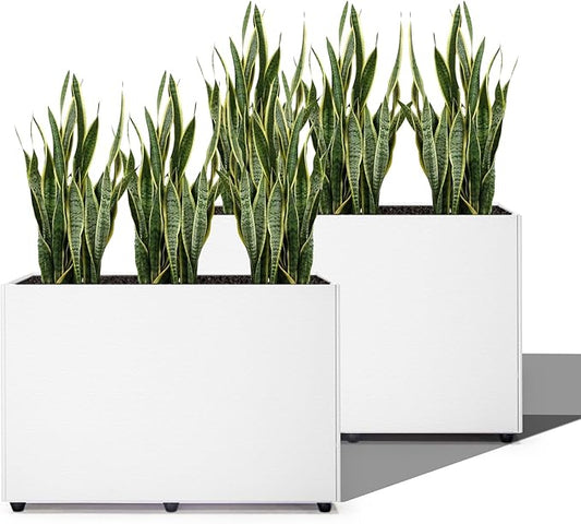 2 Pack Planter Box Rectangular Block - 24×16×12IN Galvanized Steel Long Box Planter Easy Installation Modern Outdoor Tall Planters All-Weather Use with Drainage Holes for Patio/Porch(White)
