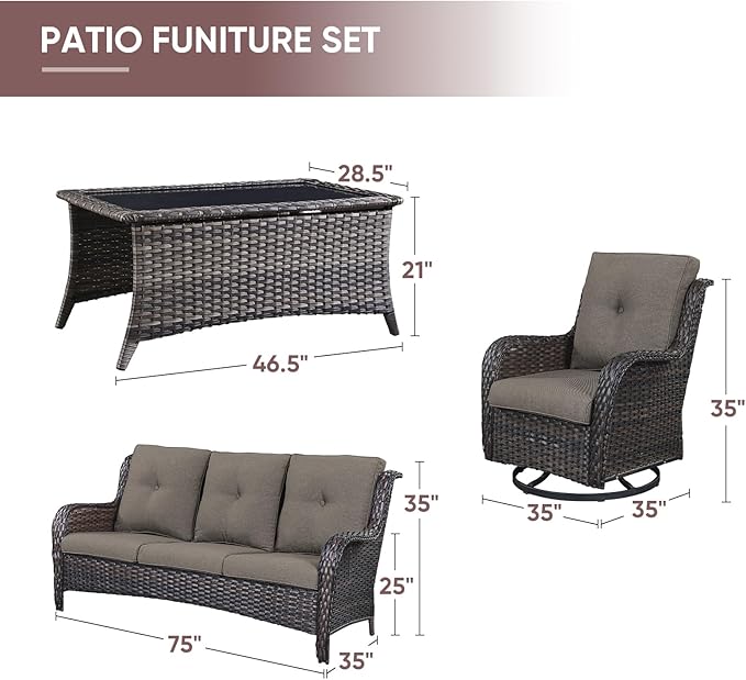 Patio Furniture 4 Piece, All-Weather PE Wicker Outdoor Furniture Set with Coffee Table,Outdoor Patio Furniture with Swivel Rocker Chairs and Outdoor Sofa