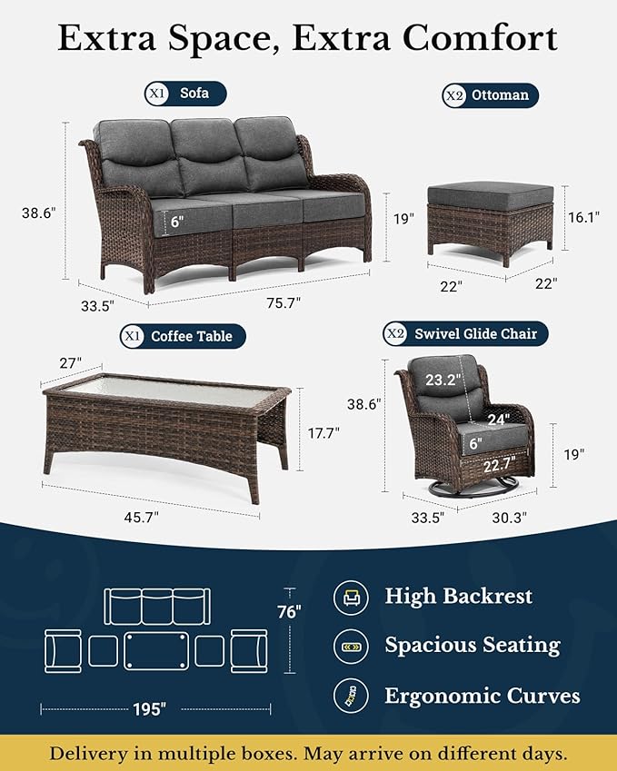 HILLGA Luxury High Back Patio Furniture Set with 6-Inch Thick Cushion, 6-Piece Outdoor Conversation Set with Sofa, Swivel Rocker Chairs & Ottomans, Ideal for Porch Pool Deck Yard (Dark Grey)