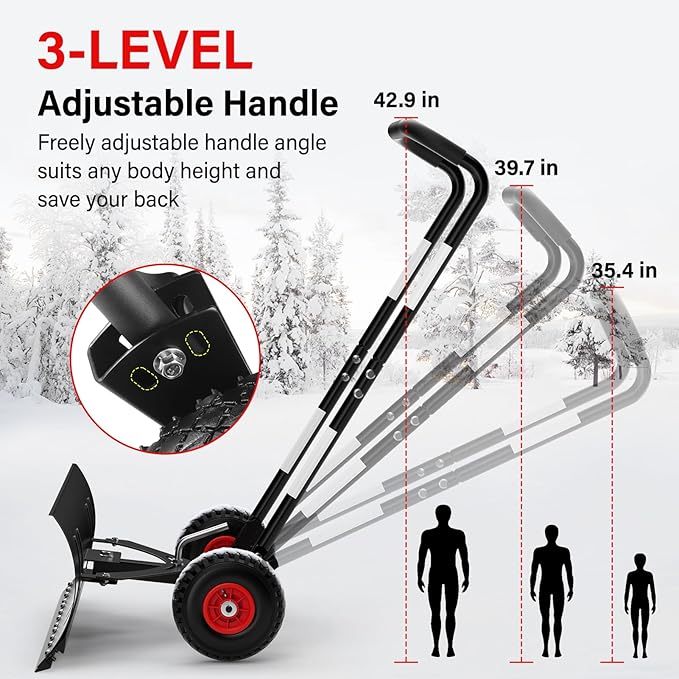 Snow Shovel Pusher for Driveway,Heavy Duty Steel Snow Shovel with Wheels,29 in Angled Blade Efficient Snow Removal,3 Level Adjustable Height Handle,Snow Plow with Safety Reflective Tape