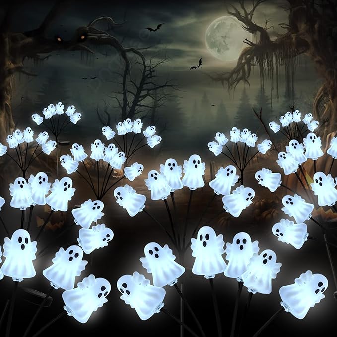Solar Halloween Pathway Lights 3 Pack Ghost Stake Lights Outdoor 2 Modes Cool White LEDs for Garden Yard Patio