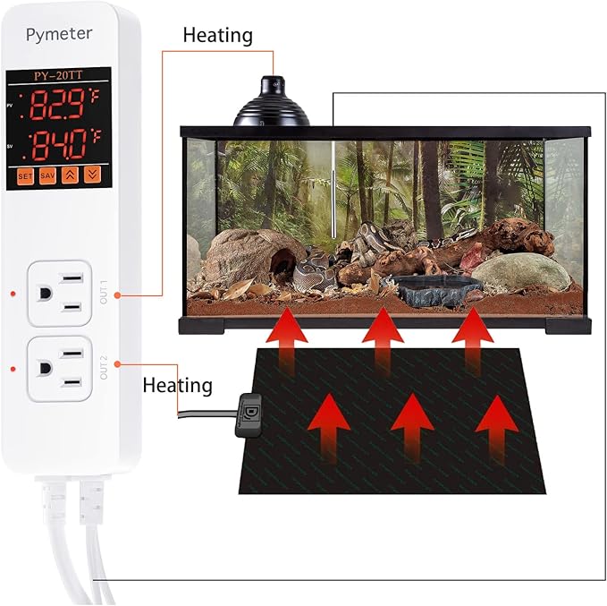 Digital Temperature Controller Dual Probe Reptile Thermostat Controlled Outlet for Terrarium Heat Mat Heating Pad, Switch Cooling Fan Freezer Fridge ON & Off at Setpoints 10A 1200W