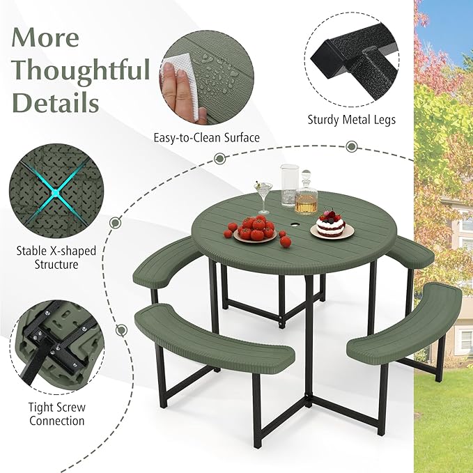 Giantex Picnic Table Bench Set for 4-8 Person, Round 37” Outdoor Dining Table w/Umbrella Hole, HDPE Tabletop, Metal Frame, Patio Furniture Set for Backyard Porch Lawn, 1400lb Capacity (Green,Round)
