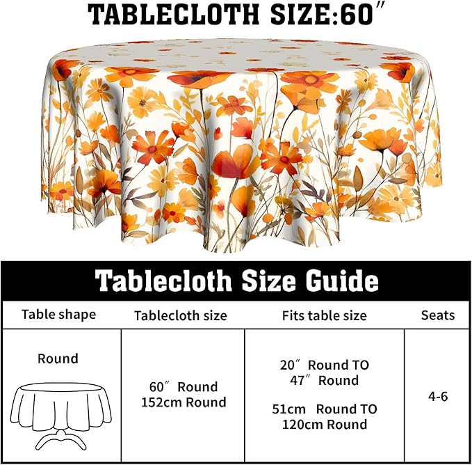 Giwawa Fall Floral Round Tablecloth 60 Inch,Watercolor Orange Wildflowers Autumn Reusable Washable Polyester Table Cover Seasonal Indoor Outdoor Dining Decorations for Home Party Picnic