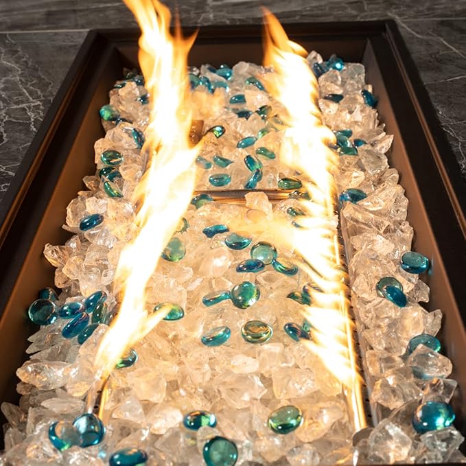 44in Outdoor Propane Gas Fire Pit Table, 50,000 BTU Auto-Ignition Gas Firepit with Glass Wind Guard, Marble Tile Tabletop, Mixed Color Glass Rocks, Brown PE Rattan…