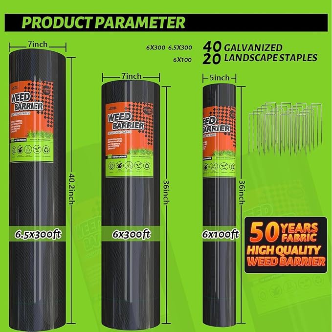 6.5x300FT Landscape Fabric, Weed Barrier Fabric, Durable & Effective Garden Cloth Weed Barrier, Heavy-Duty Landscaping Fabric for Weed Control, French Drains, Yard, Driveway