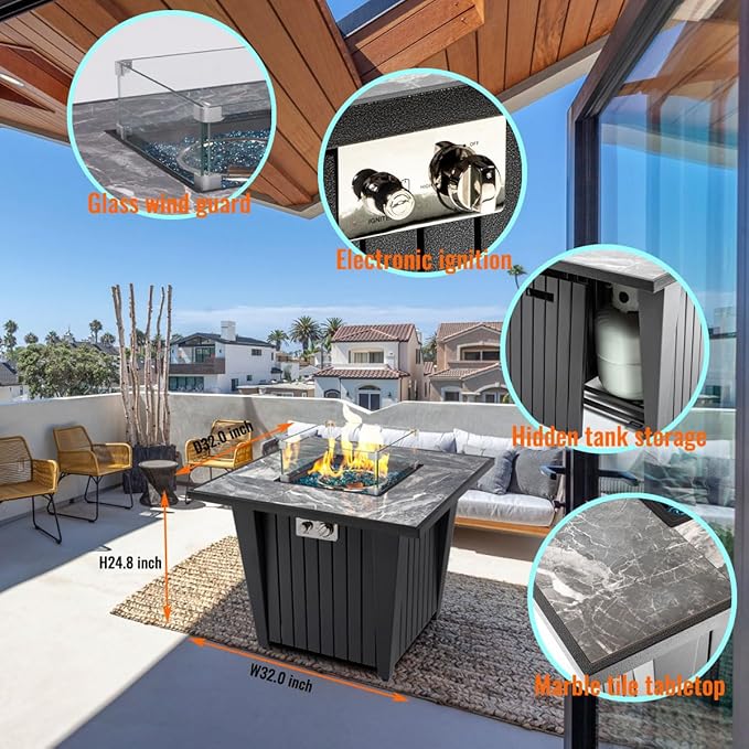 32'' Propane Fire Pit Table, Marble Tile Ceramic Tabletop with Glass Wind Guard, 50,000 BTU Fire Table with Inclined Leg and Art Powder Design, Blue Glass Rocks, Including Lid&Cover, Grey