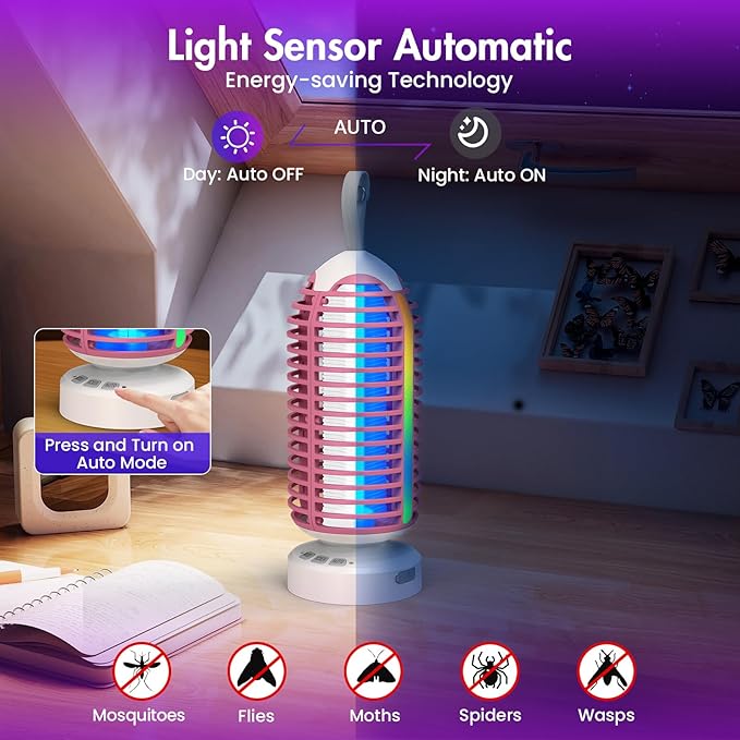 Bug Zapper Outdoor with Colorful Lighting and Auto-Sensing, 3 in 1 Cordless 4000mAh Battery Electric Fly Trap, Rechargeable Mosquito Zapper for Camping, Patios, Garden, Kitchen (2Pack-Pink)