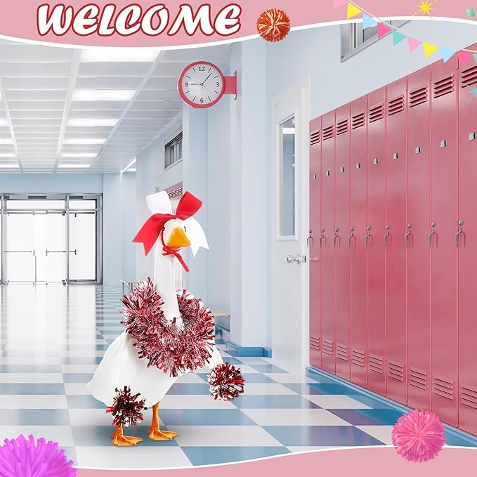 3 Pcs Cheerleader Porch Goose Outfit Poseable Wings with Pom Poms Garland and Bow for 23" Lawn Cement Goose Football Halloween Garden Patio Yard Outdoor Classroom Decorations(Red)