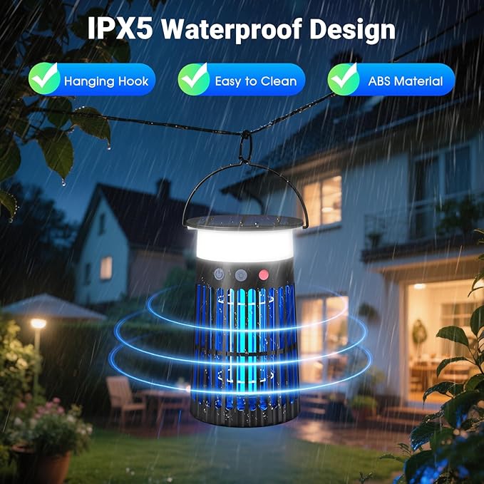 Solar Bug Zapper Outdoor Waterproof, 4 in 1 Solar Mosquito Zapper Outdoor, Cordless Solar Fly Zapper with RGB, Flame Light and LED Camping Lantern
