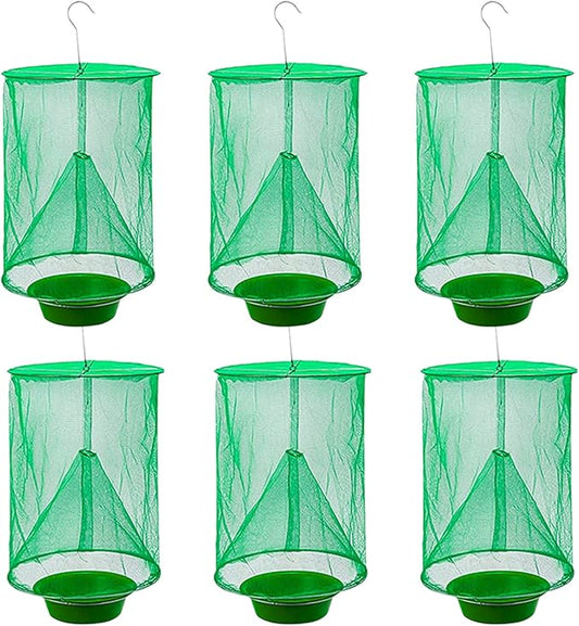 Ranch Fly Trap Outdoor Hanging Reusable with Fishing Apparatus | Food Bait Tray Catcher Cage for Indoor or Outdoor Family Farms, Park (6 Pack)