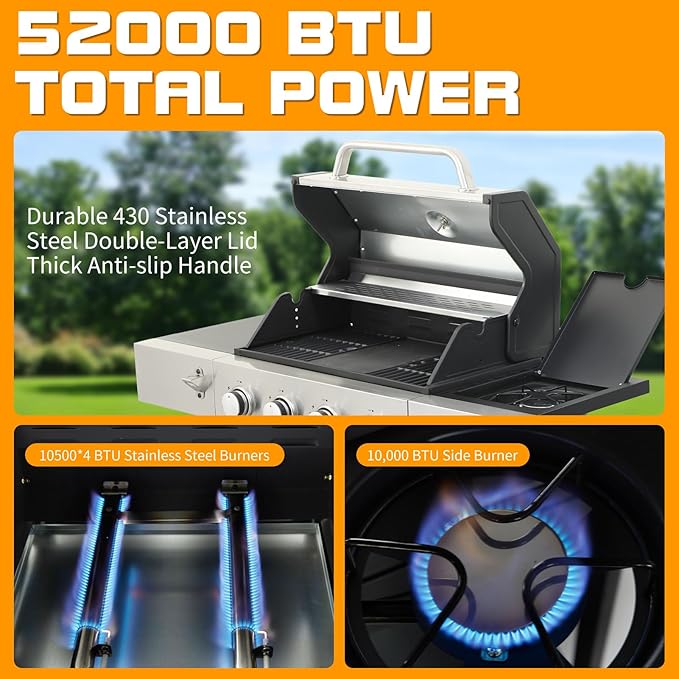 CIG GARDEN 4 Burner Propane Gas Grill with Side Burner,3 in 1 Propane Gas BBQ Grill,Double-layer Stainless Steel BBQ Grill Lid with Cast Iron Grates,52000 BTU Output for Camping, Patio, Backyard