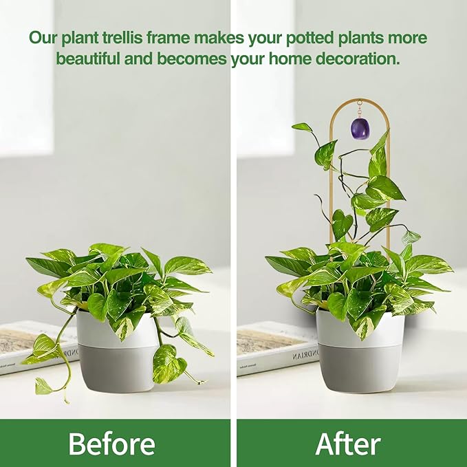 Plant Trellis for Climbing Plants, 15.75 inch Garden Small Metal Arch Glod Trellis for Potted Plants Indoor Outdoor with Natural Stone Decor for Vine Ivy Flower Support 4 Pack