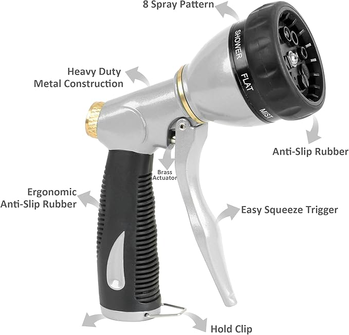 STYDDI Pro Ultra Heavy Duty Multi-Patterns Garden Hose Nozzle, All Metal Hose Nozzle with 8 Spray Patterns, Perfect for Plant Watering, Car Washing, Window Cleaning, Pet Showering, Gray