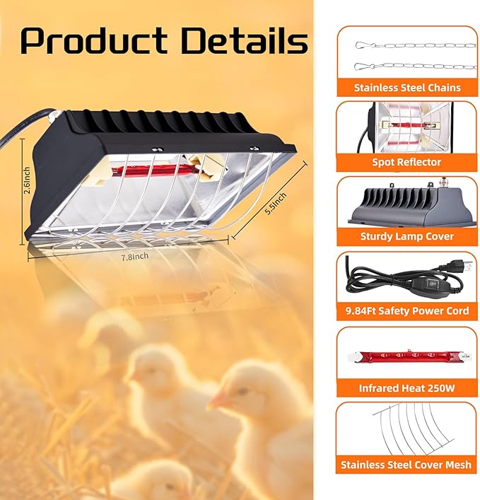Chicken Coop Heat Lamp 250W Brooder Heating Plate for Chicks Hanging Light Heated Adjustable Temp with Anti-Fall Aluminum Alloy Lamp Shade Suitable for Poultry, Livestock & Small Pets