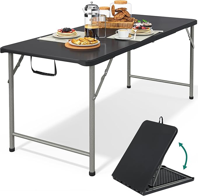 YITAHOME 6FT Folding Table, Outdoor Folding Table w/Heavy Duty HDPE Tabletop, Rectangle Folding Tables w/Portable Carrying Handle for Picnic, Parties, Camping & Indoor Activities, Black
